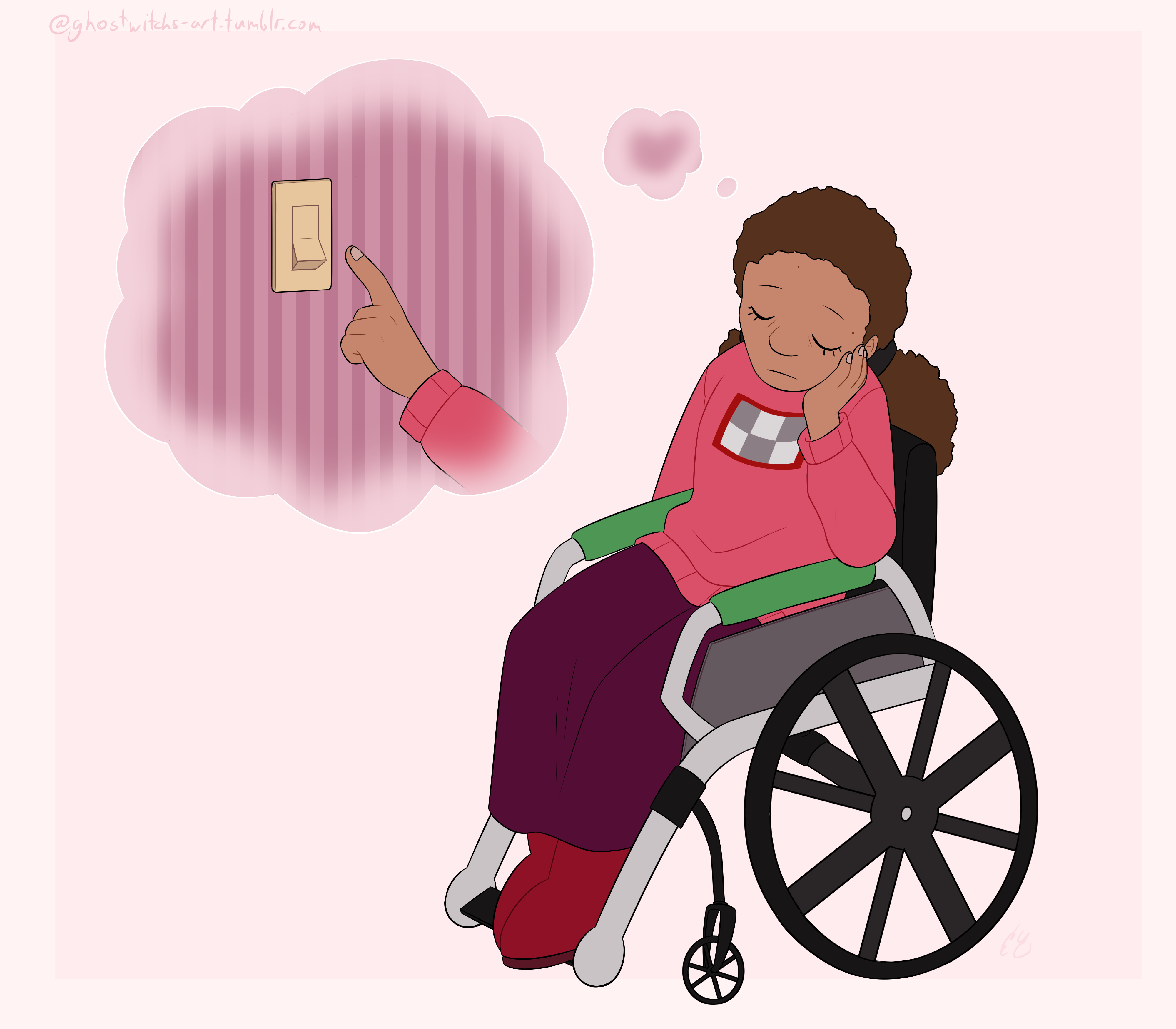 A flat painting of Daniela dressed like Madotsuki from Yume Nikki, appearing to fall asleep in her wheelchair as she daydreams about flipping a light switch off.